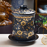 景德鎮青花瓷陶瓷四件杯過濾辦公杯個人杯黑金展花陶瓷杯