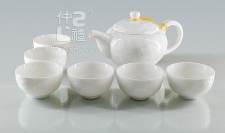 白色结晶釉大号方柄壶大新茶杯8头茶具组