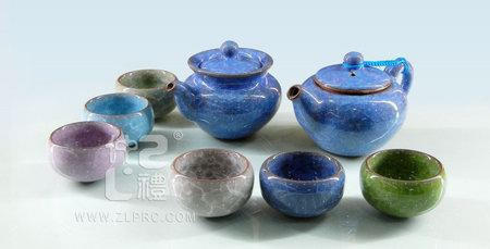 蓝色冰裂釉茶海茶备配6色杯10功夫头茶具