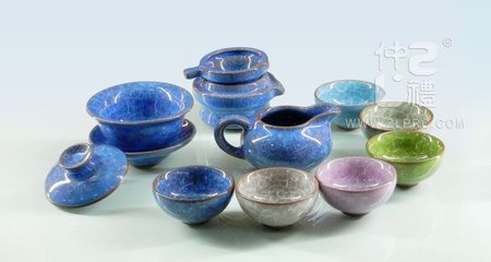 蓝色冰裂釉茶海茶备配6色杯12功夫头茶具