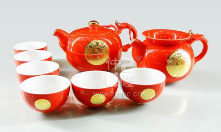 红釉万事如意圆茶壶新茶杯10头茶具组