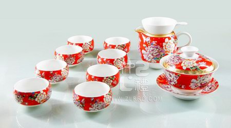 亚光白釉红牡丹新茶碗苹果杯13头功夫茶具组(八马)
