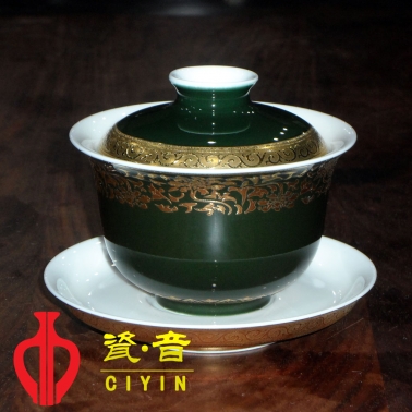 高檔墨綠釉琺瑯花卉紋蓋碗