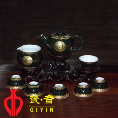 墨綠釉琺瑯云龍紋茶具
