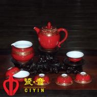 8头红釉珐琅花卉纹茶具