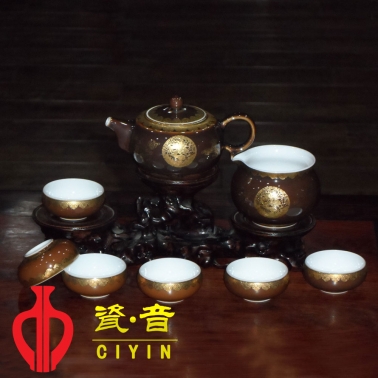 8頭醬色釉琺瑯云龍紋茶具
