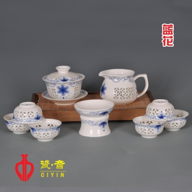10頭青花玲瓏蓋碗茶具