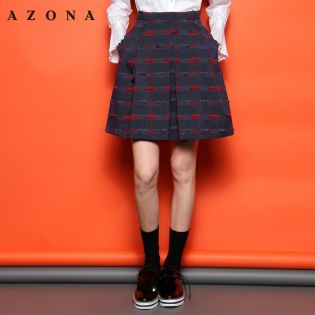 2016拼色風格紋圖案倒V褶皺傘擺半身裙A1R5A0781SK
