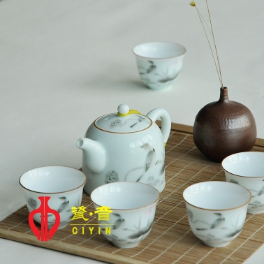 10頭影青高檔花鳥茶具