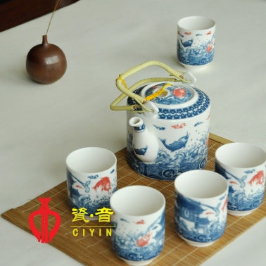 7頭青花提梁金魚茶具