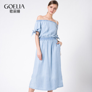 歌莉婭女裝2016年夏季新品一字領束腰天絲牛仔連衣裙165J4B190