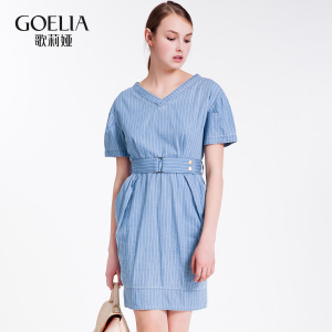 歌莉婭女裝2016年夏季新品合服式V型收腰牛仔連衣裙165C4B21A