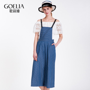 歌莉婭女裝2016年夏季新品條紋牛仔背帶褲165C1O050