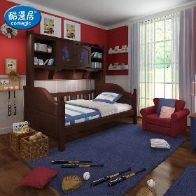 酷漫居美式實(shí)木1.2/1.35米側(cè)柜床深色