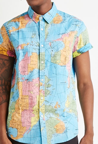 男士世界地图印花休闲短袖衬衫