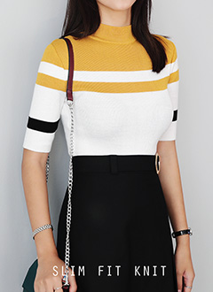 ContrastStripeHalfNeckSlimShort-sleevesKnitTee