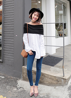 ContrastFabricOffTheShoulderBlouse