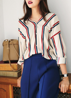 StripeContrastColorV-NeckBlouse