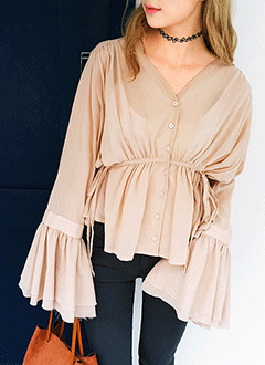 ShrriedVNeckWideSleeveBlouse