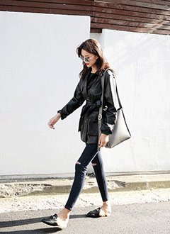 FiveButtonsFauxLeatherCasualJacketWithWaistStrap