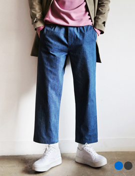 StipedWideFitElasticWaistDenimPants