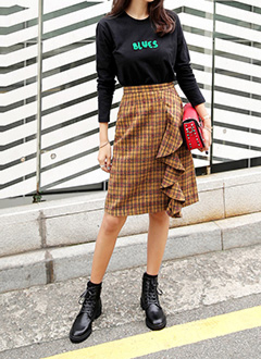 CheckedFrilledPencilSkirt