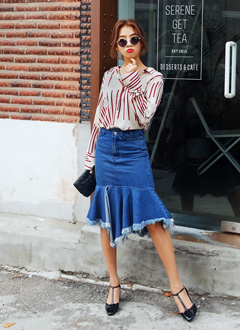 UnevenPeplumDenimSkirt