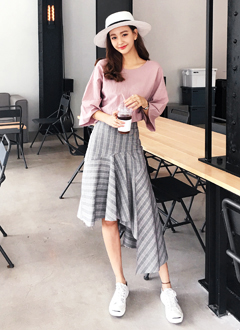 Solid&CheckUnevenSkirt