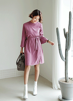 RuffleSleeveChineseCollarSuedeDressWithWaistStrapSet