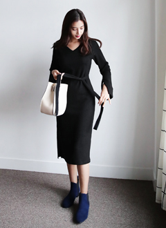 SleeveSlitRibbedDressAndTieWaistSet
