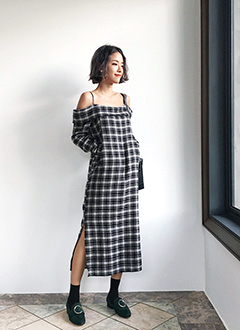 OffTheShoulderCheckedDress
