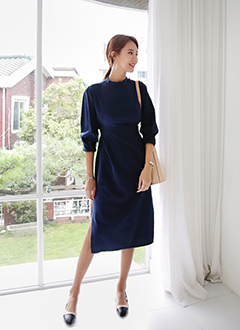 ChineseCollarWaistRibbonTieSideVentLongDress