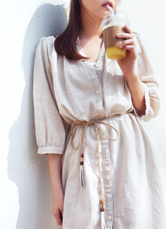 ShirringNeckButtonDress