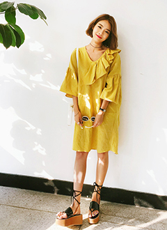 NeckRuffleSleeveShrriedDress