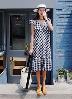 RuffleLongCheckDress