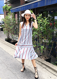 StripedFlareHemLongDress