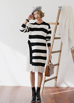 Pleats-skirtLayeredStripedKnitDress