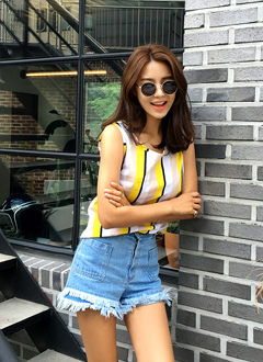 FringeHighWaistedDenimShorts