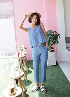 DenimBlouse&SlacksSet