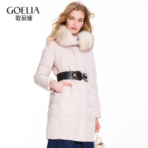 歌莉娅女装2016年冬季新品带毛领连帽长款羽绒16DC8D030