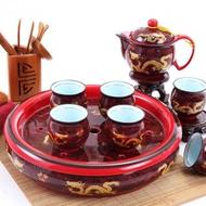 景德鎮8頭陶瓷茶具雙層帶大茶盤紅金龍隔熱茶具