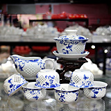 新款8头景德镇青花瓷茶具手工镂空雕陶瓷茶具青花玲珑瓷