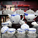 新款8头景德镇青花瓷玲珑茶具套装镂空心形陶瓷茶具