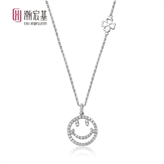 潮宏基-官方正品-Smiley微笑雪花白18K金/彩金钻石吊坠+项链