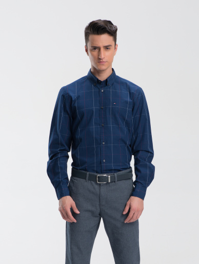 狂欢款:藏青色线性色条格纹长袖衬衫(合身版)