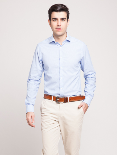 蓝白双色细纹品牌LOGO商务长袖衬衫(修身版)