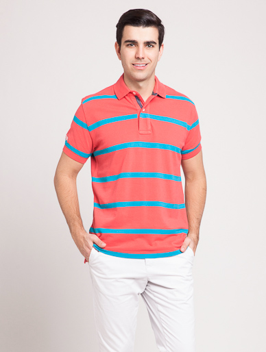 红蓝双色条纹款品牌文字短袖POLO衫