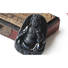 天然翡翠掛件--老坑糯種墨翠局部拋光精工雙面細雕觀音