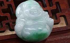 天然翡翠掛件--老坑糯種陽綠飄花細膩飽滿雙面精雕大肚笑佛
