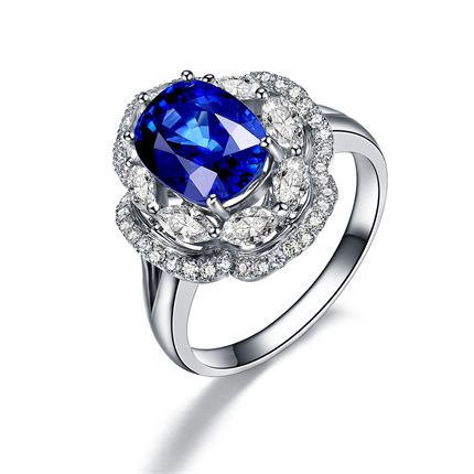 【蓝色迷情】白18K金蓝宝石钻石戒指